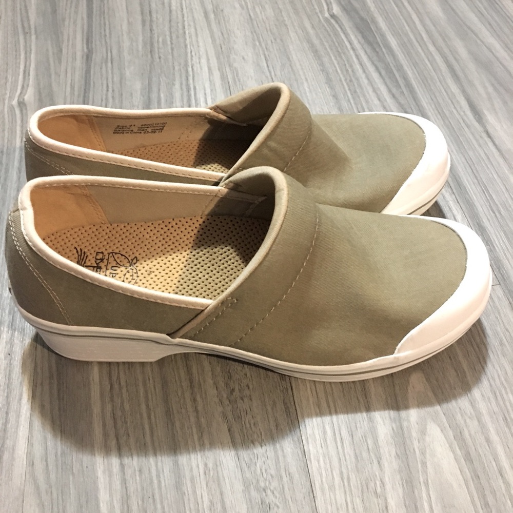 Dansko Olive Slip-On Clogs with White Toe Cap